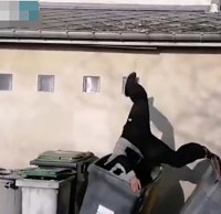 高墻往下跳滑倒扎進(jìn)垃圾桶,跑酷也要注意安全